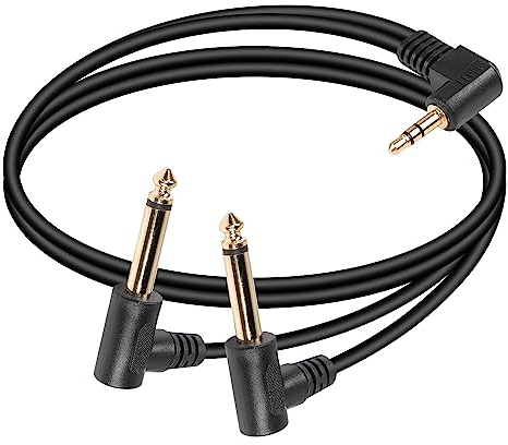 SinLoon Cable TS doble de 6,35mm a 3,5mm, ángulo recto de 90 grados, Cable divisor de Audio macho a macho de 1/4 a 1/8 pulgadas, Compatible con ordenador portátil (1FT)