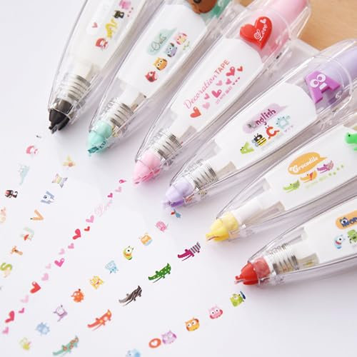 Ysaca 6 penne decorative fai da te per bambini, penne a nastro in pizzo, correttore a nastro, nastro decorativo creativo con motivo a cartoni animati, per bambini e adulti, regalo di Natale e