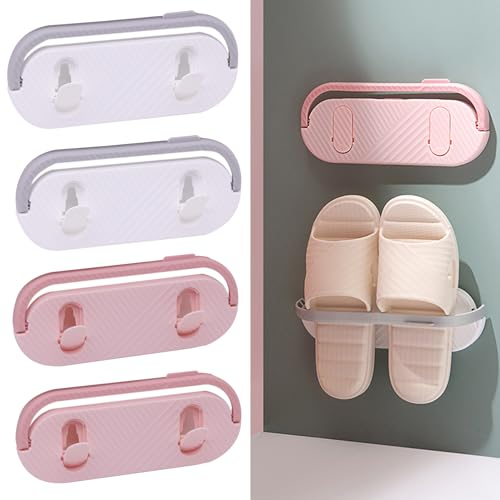 Yxmohala Schuhhalter Faltbar Schuhregal zur Wandmontage, 4 Stück Klappschuhregal Hängeregal Schuhablage, Ohne Bohren, Hängen Schuhen Wandregal für Eingangstür Badezimmer, Grau und Rosa