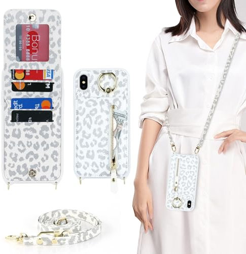Zouzt for iPhone X/XS Case with Cord and Card Holde, Zipper Wallet Case with Crossbody Lanyard Ring Adjustable Necklace Protective Cover Women for iPhone X/XS 5.8 Inch - White Leopard