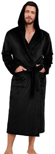 EK4YDNDS Men's Hooded Robe, Soft Warm Fleece Long Bathrobe with Pockets