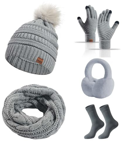BESTORI Mütze Schal Handschuh Sets für Damen Warme Beanie Gestrickte Wintermütze Touchscreen Handschuhe Ohrenschützer und Socken 5 in 1 Grau