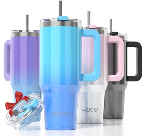 WATERSY 891ml Gobelet à Café à Emporter, Double Paroi en Acier Inoxydable, Anti-fuite, Avec Poignée et Paille, Chaudes Pendant 12 Heures et Froides Pendant 24 Heures, Rose Blanc Brillant
