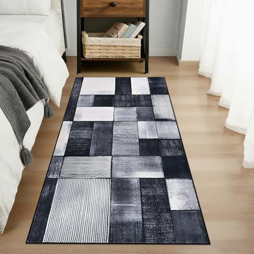 Alishomtll Teppich Wohnzimmer Schwarz Grau, Modern Kariert Läufer 80x150cm | Rutschfest Kurzflor Schlafzimmer Teppich, Weich Waschbar Geometrisch Küchenteppich, Pflegeleicht Langlebig Rechteckig Rugs