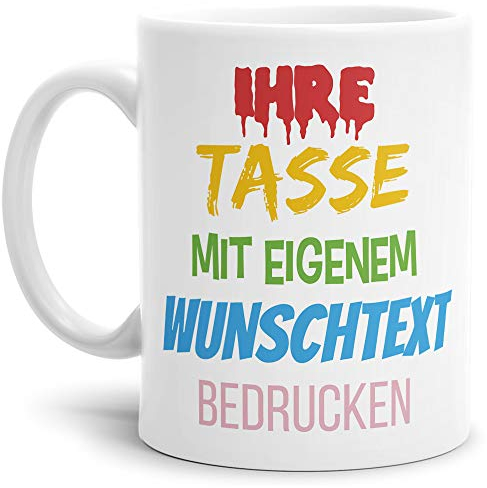 Tasse selbst gestalten/mit eigenem Text beschriften/Wunsch-Name/Spruch-Tasse/Weiß - Matt/Mittig gegenüber vom Henkel Bedruckt