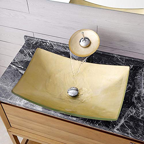 HomeLava Waschbecken Aufsatz Glas Aufsatzwaschbecken Bad Glaswaschbecken Set mit Wasserfall Wasserhahn und Pop Up Ventil Eckig Gold
