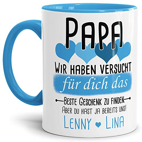 Tassendruck Geschenk Tasse mit Spruch PERSONALISIERT - Bestes Geschenk für Papa von Kindern - Kaffee-Tasse/Geschenkidee Geburtstag Vatertag/Vatertagsgeschenk - Innen & Henkel Hellblau