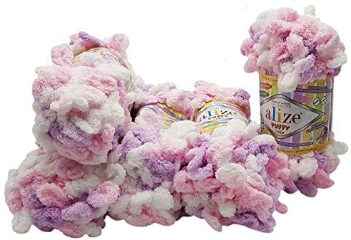 5 x 100 Gramm Strickwolle Alize Puffy Color, 500 Gramm Fingerstrick - Wolle mehrfarbig super bulky, Schlaufenwolle, Stricken ohne Nadel (flieder rosa weiß 6051)
