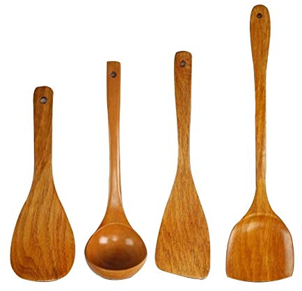 Utensilios de cocina de madera, juego de 4 utensilios de cocina de madera, estilo japonés, resistentes a los arañazos, incluye espátula de madera para sartenes antiadherentes