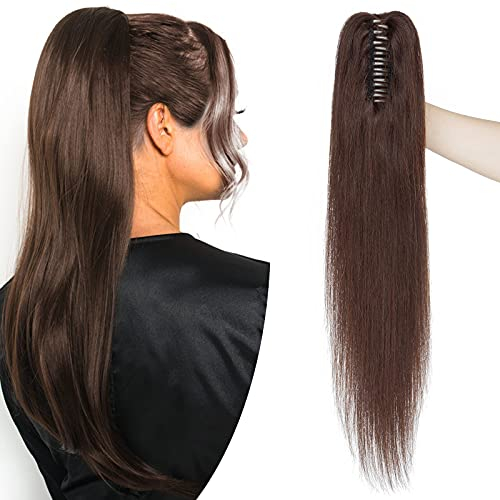 SEGO Ponytail Extension Echthaar mit Klammer Pferdeschwanz Zopf Clip in Haarteil Haarverlängerung 100% Remy Haar Hair Piece Dunkelbraun#2 14(35cm)-105g