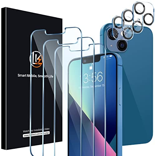 LK [3+3 Pack Protector de Pantalla Compatible con iPhone 13 6.1 Pulgada,3 Pack Cristal Templado y 3 Pack Protector de lente de cámara, Doble protección, Kit de Instalación Incluido