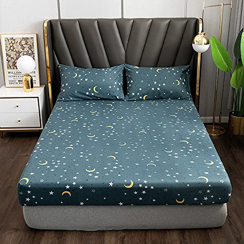 Damier Spannbetttuch 90x200cm Blaues Sternendruck Spannbettlaken mit Gummizug Mikrofaser Boxspringbettlaken geeignet für Matratzen von 30cm