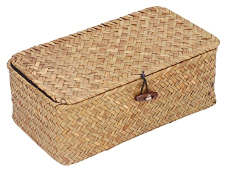 Cyrank Aufbewahrungskorb aus Rattan, dekorative Aufbewahrungsboxen aus Seegras mit Deckel für Regalorganisatoren(L)