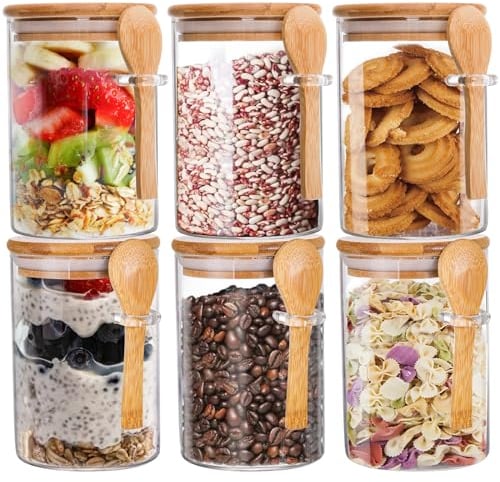 ZOOFOX 6 Pack Overnight Oats Jars with Lids and Spoons, 17 oz Glass Jars with Airtight Lid and Spoon, Glass Food Storage Canister for Sugar, Spices, Coffee Bean, Tea, Cookie, Candy, Nuts, Bath Salt