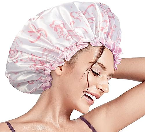 Aquior Shower Caps, Reusable Shower Cap for Women, Double Layer Waterproof Hair Cap, Large Size for All Hair Lengths (Pink-Lineflower)