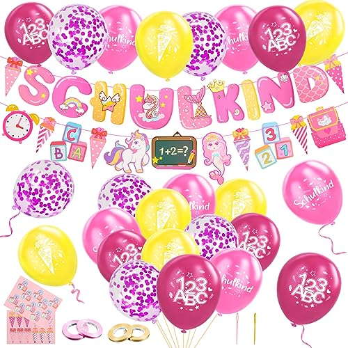 Einschulung Deko,Schulkind Deko Einschulungsdeko Junge Mädchen,Schuleinführung Deko Schulanfang Deko,Schulkind Girlande,Luftballon mit ABC,123 Motiv für Jungen Mädchen,Aufkleber Einschulung,Rosa