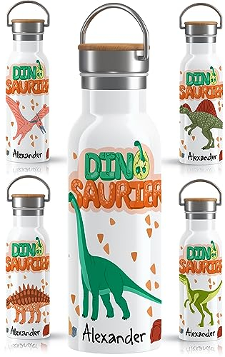 OWLBOOK Langhals Trinkflasche personalisiert Kinder Dino - Edelstahl mit Bambusdeckel - Thermosflasche 600 ml - BPA frei Auslaufsicher - Kinder Trinkflasche mit Dinosaurier für Schule Kindergarten