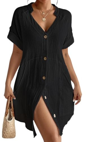 Bsubseach Cotton Women Bikini Cover Up Button Down Tunic Dress V Neck Black Casual Summer Outfits Black L
