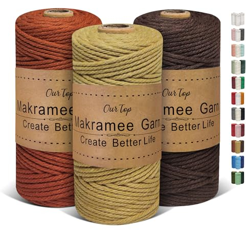 OurTop Premium Makramee Garn 3er Set, 3mm x 100m Macrame Cord Makramee Schnur Makramee Kordel, Garn für DIY Handwerk, Weben Dekoration, Hängepflanze Pflanze Aufhänger(Salbei, Ziegelrot, Braun)