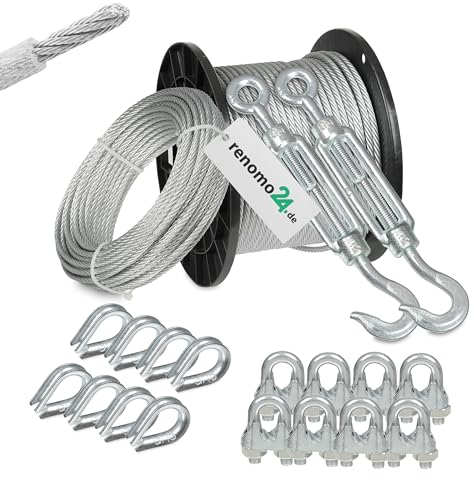 Renomo24 Drahtseil Set 5 - Stahlseil 10m 6mm 6x7 verzinkt und ummantelt, 2x Spannschloss Haken/Öse, 8x Bügelklemmen, 8x Kauschen