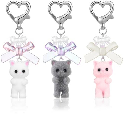 NATOSU 3 pièces Y2K Porte-clés Chaton Mignon, décoration Chaton Duveteux, Pendentif Sac, Pendentif téléphone Portable, Ornement Boucle de cœur, Cadeaux pour Amoureux des Chats, Petite Amie, Femmes
