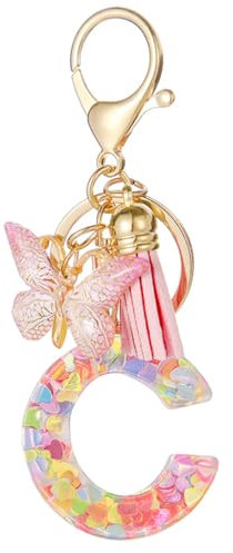 Moydolo Porte-clé lettres avec boucles pour femmes, Porte-clé esthétique avec pompons papillon keychian lettres rose breloque