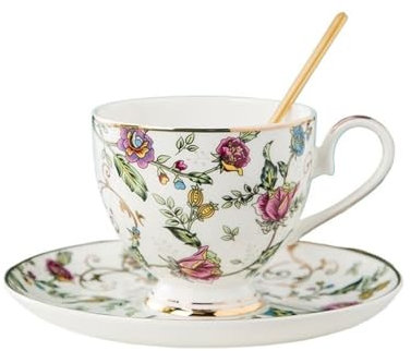 JLBopqaz Breite Tasse Kaffeetassen-Set aus Bone China, Nachmittagstee, chinesisches, einfaches Teeservice mit Goldrand, Keramik, englische Schwarzteetassen und Untertassen, Kaffeetasse