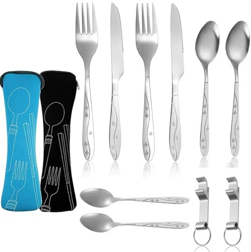 2 Set Posate In Acciaio Inox Posate Da Campeggio Viaggio Set Di Posate Con Custodia Portatile Posate Da Viaggio In Argento Per Viaggi,Campeggio,Picnic,Scuola e Catering e Accessori