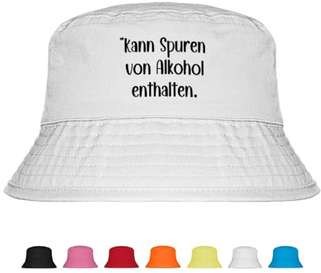 Kann Spuren von Alkohol enthalten - Lustiger Fischerhut – Der perfekte Sonnenhut für Herren & Damen – Ideal als Malle-Outfit, Party-Accessoire & Festival-Eimerhut für den Strand | Farbe Weiß