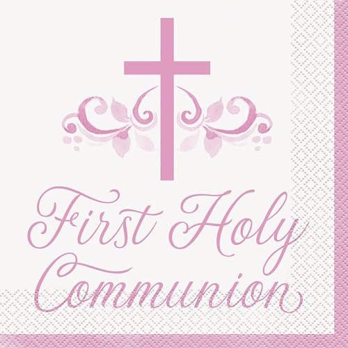 Unique 82022EU - Religious 'First Communion' Paper Napkins - 16.5 cm - Pink Holy Cross Religious Party - 16 Count (Pack of 1)