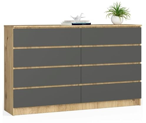 BDW - Kommode mit 8 Schubladen, Komodenschrank K160, Sideboard, Wohnzimmer Schlafzimmer Flur Möbel, Büroschrank, Robustes Material und modernes Design - 160x40x99 cm, Artisan-Eiche/Grau