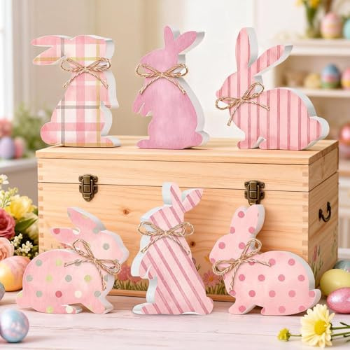 Xevinas 6 Stück Osterhase Holz, Aufsteller Osterdeko Modern Osterhasen Figuren Mit Runde Brille, Ungiftig Robust Wasserdicht Osterdeko Holz Hase, Für Osterdeko Tisch Frühlingsdeko Osterschmuck