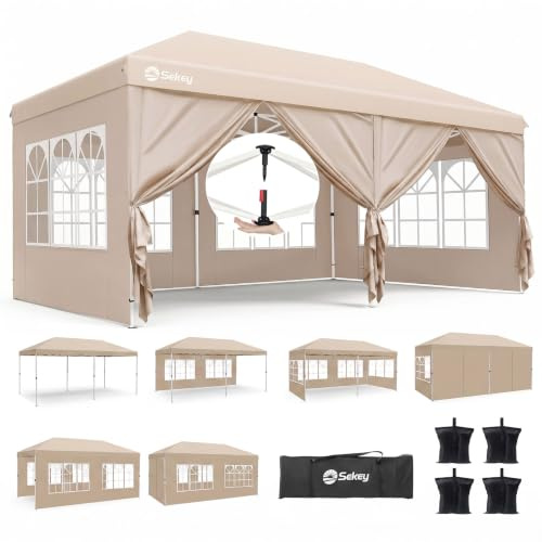Sekey Event Serie | Pavillon 3x6 Faltbar Wasserdicht Stabil Winterfest | Platz für 12–25 Personen, One-Touch-Aufbau, 6 Seitenwände + 4 Gewichttaschen, UV-Schutz 50+, Khaki