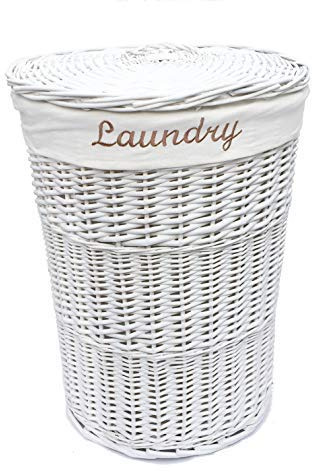 Round Wicker Laundry Basket Lined Bathroom Washing Basket With Lid White Small 30 x 30 x 42.5 cm