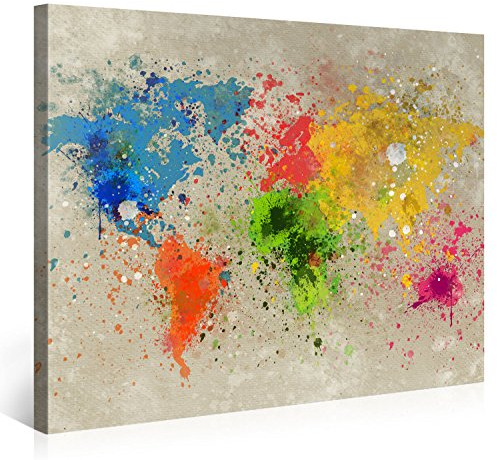 Gallery of Innovative Art – Mappa del Mondo Acqua Colore Explosion – 100x75cm – Larga Stampa su Tela per Decorazione murale – Immagine su Tela su Telaio in Legno – Arazzo Decorazione murale