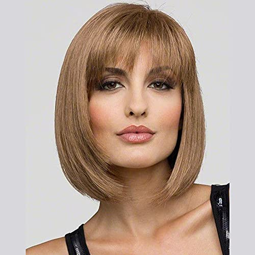 Becus 12 Perücke kurze bob blonde gerade voll Maschine gemacht Hitzebeständigkeit Kunstfaser Haar mit Pony für Frauen(Goldblondine)