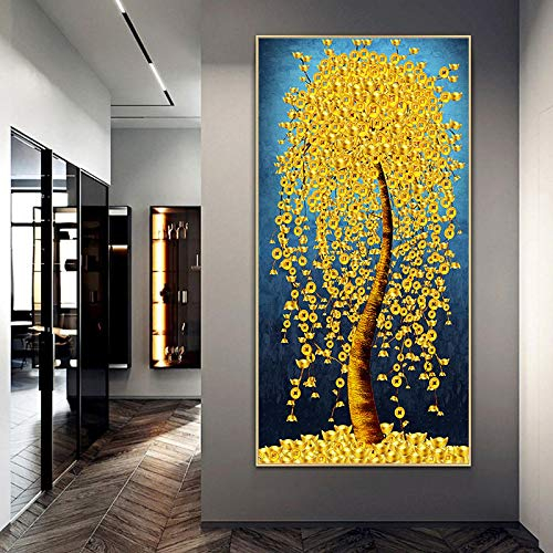 Abstrakte Goldene Blätter und Geldbaum Gemälde auf Leinwand Poster Moderne Landschaft Wandkunst Bild Druck Dekoration 60x120cm Rahmenlos