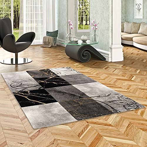 Pergamon Kurzflor Wohnzimmer Designer Teppich Maui Modern Schwarz Gold Barock in 5 Größen