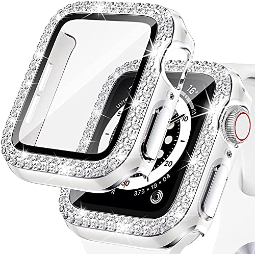 Kamita Funda Diamond para Apple Watch 40mm Series SE 2023/6/5/4, Estuche para PC Versátil con Pantalla de Vidrio Templado, Bling Case Protectora Parachoques (Plata-Blanca)