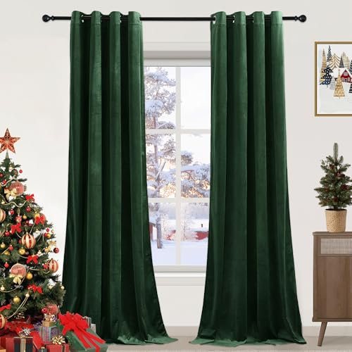 PONY DANCE Dark Green Velvet Curtains - Thermal Eyelet Blackout Curtains Soundproof & Room Darkening Window Treatment for Living Room/Bedroom, 52x84 Inch