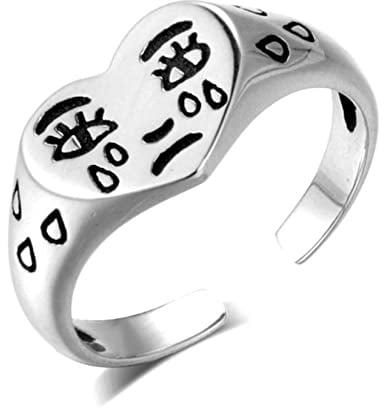 Gilieyer Ring mit Weinendem Gesicht, Gebrochenes Herz Statement Ring Trauriges Gesicht Liebe Herz Offener Fingerring Verstellbar Jubiläum Schmuck für Frauen (Silber)
