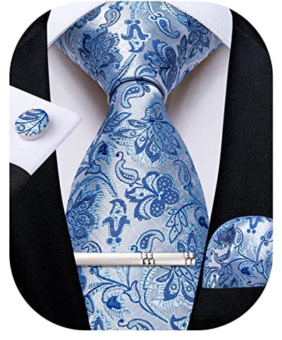 DiBanGu Cravate en soie tissée pour homme avec boutons de manchette carrés et pince à cravate pour mariage et affaires, bleu clair, taille unique