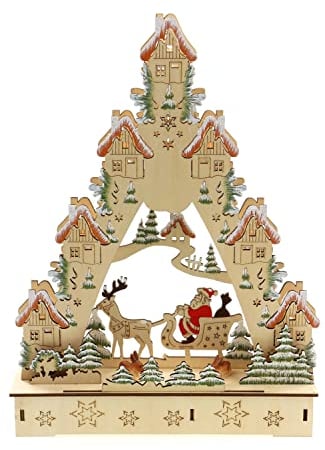 ELLUG 3D Schwibbogen Lichterspitze Holzschnitt Winterdorf und Weihnachtsmann aus Holz zum Stellen mit Licht 25 * 5,5 * 33,5cm batteriebetrieben mit On-Off Schalter, Timer Funktion (6h On/18h Off)