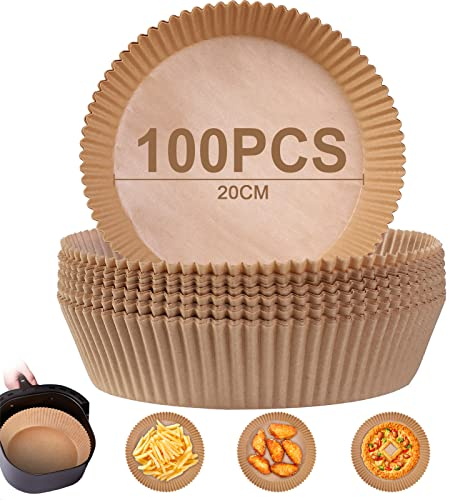 AiQInu Papel Pergamino Redondas Freidora Aire, 100 Piezas Forro de Papel Desechable, Papel de Aceite Silicona Antiadherente para Hornear Asar Horno y Microondas, Backpapier