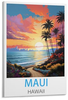 KmoNo Maui Hawaii Vintage-Reise-Poster, 40 x 60 cm, Wanddekoration, Gemälde, Leinwand, Wandkunst für Wohnzimmer, Schlafzimmer