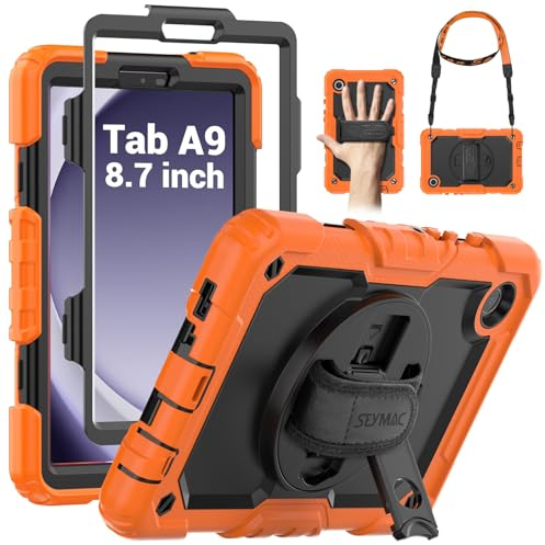 SEYMAC Funda para Samsung Galaxy Tab A9 8.7 2023, Funda Tab A9 con Protector de Pantalla, Soporte Giratorio de 360°/Correa de Mano, Correa para el Hombro, con Soporte para bolígrafo, Naranja