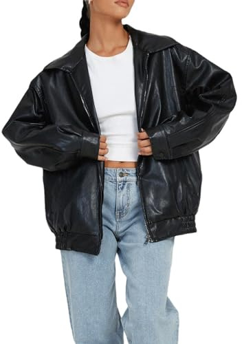 Lederjacke Damen Oversize Lang Kunstleder Motorrad Bikerjacke PU Leather Herbst Winter Mantel Bomber Jacke Outwear Streetwear Leather Vintage Jacket Herbst Winter Jeansjacke Gefüttert Lederbluse