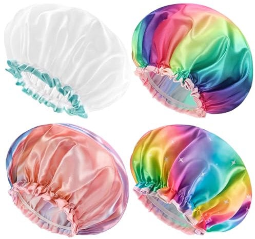 mikimini 4er-Pack mittelgroße Duschhauben für Mädchen und Frauen, gemischte 4 Farben, funkelnder Regenbogen, stilvolle Duschhauben mit Spitze, wiederverwendbare wasserdichte