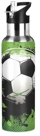 Pop Sport Football Football Bouteille d'eau Isotherme avec Paille en Acier Inoxydable Gourde, Sans BPA Gourdes Eau pour Enfant Sport Randonnée École Bureau (600ml/1L)