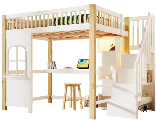 SOFTWEARY Hochbett mit Schreibtisch, Regal, LED-Beleuchtung, USB, Steckdosen, Rausfallschutz und Treppe, Kinderbett (weiß, 140x200 cm)